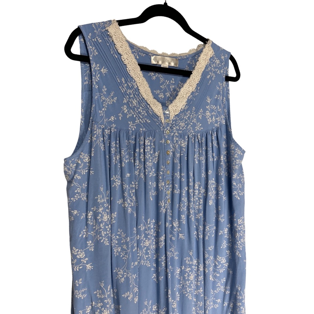 Eileen West Blue Floral Rayon Sleeveless Nightgown Lace Trim Ruffle Hem XL